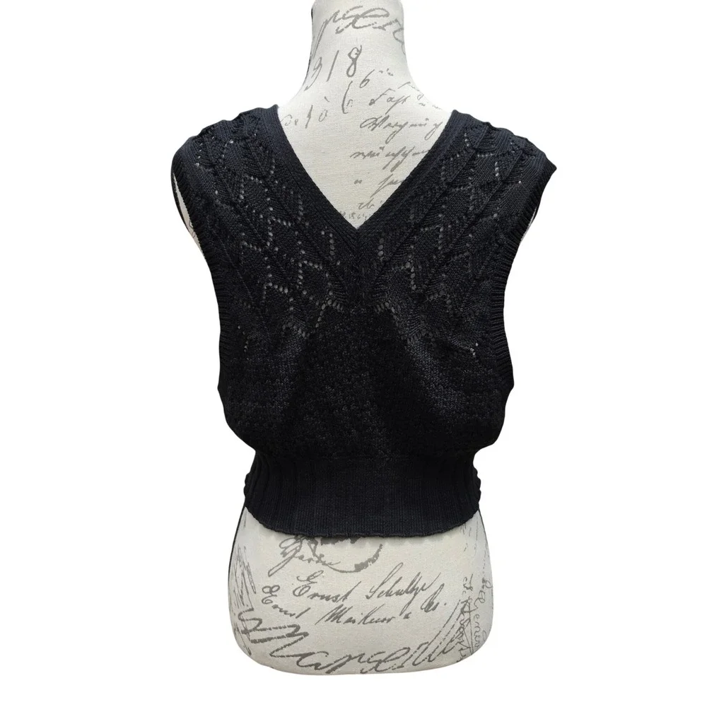 Free People Intimately Black Pointelle Knit Deep V-Neck Crop Top Sleeveless S